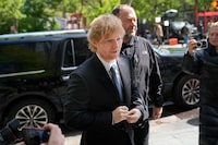 Recording artist Ed Sheeran arrives to New York Federal Court as proceedings continue in his copyright infringement trial, Monday, May 1, 2023, in New York. (AP Photo/John Minchillo)