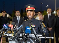 Peel Regional Police Chief Nishan Duraiappah speaks to the media at the scene of a shooting in Mississauga, Ont., Monday, Sept. 12, 2022. Cst. Andrew Hong, of the Toronto Police Service, was fatally shot after two separate shootings left two dead and three injured in the Greater Toronto Area on Monday afternoon. THE CANADIAN PRESS/Arlyn McAdorey