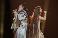alyona alyona & Jerry Heil of Ukraine performs the song Teresa & Maria during the dress rehearsal for the first semifinal at the Eurovision Song Contest in Malmo, Sweden, Monday, May 6, 2024. (AP Photo/Martin Meissner)