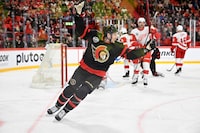 Ottawa Senators' Drake Batherson celebrates his assist to the first goal 0-1 during the Detroit Red Wings and Ottawa Senateurs ice hockey match of the NHL Global Series 2023 in the Avicii Arena in Stockholm, Sweden, on November 16, 2023. (Photo by Henrik MONTGOMERY / TT NEWS AGENCY / AFP) / Sweden OUT (Photo by HENRIK MONTGOMERY/TT NEWS AGENCY/AFP via Getty Images)