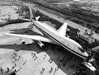 Picture of the first Boeing 747 rolled out of the Boeing company's plant in the State of Washington in September 1968. On September 30, 1968, the first 747 was rolled out of the Everett assembly building before the world's press and representatives of the 26 airlines that had ordered the plane, and first flight took place on February 09, 1969. The Boeing 747, called also "Jumbo Jet", entered service on January 21, 1970, on Pan Am's New York�London route. (Photo credit should read -/AFP via Getty Images)