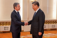 U.S. Secretary of State Antony Blinken meets with Chinese President Xi Jinping at the Great Hall of the People, in Beijing, China, April 26, 2024. Mark Schiefelbein/Pool via REUTERS