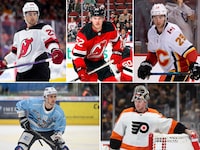 Clockwise from top left: New Jersey Devils' Michael McLeod (AP Photo/Matt Slocum, File), Cal Foote of the New Jersey Devils (Photo by Bruce Bennett/Getty Images), Dillon Dube of the Calgary Flames (Photo by Rich Lam/Getty Images), Carter Hart of the Philadelphia Flyers (Photo by Maddie Meyer/Getty Images ) and Alex Formenton of HC Ambri-Piotta (Photo by Andrea Branca/Just Pictures/Sipa USA)
