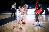 Toby Fournier of Canada handles the ball against Spain July 9, 2022 in Debrecen, Hungary at the FIBA U17 Women's Basketball World Cup. The 17-year-old Toronto native committed to Duke University on Wednesday. After celebrating with family over dinner that night, ESPN’s 13th-ranked 2024 basketball prospect is now in Edmonton for senior women’s national team camp, with eyes on competing for Canada at the 2024 Olympics in Paris. THE CANADIAN PRESS/HO-FIBA/Canada Basketball **MANDATORY CREDIT** 