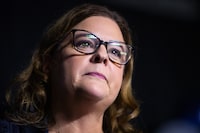 Former Manitoba premier Heather Stefanson may step down as leader of the Progressive Conservatives sooner than expected. Stefanson announces her resignation as party leader during a speech at the PC election night party in Winnipeg on Tuesday, Oct. 3, 2023. THE CANADIAN PRESS/Daniel Crump.