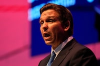Florida Governor Ron DeSantis speaks during a conference titled "Celebrate the Faces of Israel" at Jerusalem's Museum of Tolerance, April 27, 2023. Maya Alleruzzo/Pool via REUTERS