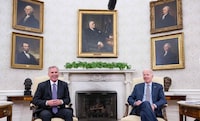 (FILES) US President Joe Biden meets with US House Speaker Kevin McCarthy (R-CA) (L) about the debt ceiling, in the Oval Office of the White House in Washington, DC, on May 22, 2023. US President Joe Biden and Republican legislators have reached an agreement in principle to raise the US debt ceiling and thereby avoid catastrophic default, US media reported May 27, 2023. (Photo by SAUL LOEB / AFP) (Photo by SAUL LOEB/AFP via Getty Images)