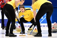 Curling - Women's Curling Championship - Sweden v Canada - Goransson Arena, Sandviken, Sweden - March 26, 2023 Sweden's Anna Hasselborg in action Jonas Ekstromer/TT News Agency via REUTERS     ATTENTION EDITORS - THIS IMAGE WAS PROVIDED BY A THIRD PARTY. SWEDEN OUT. NO COMMERCIAL OR EDITORIAL SALES IN SWEDEN.