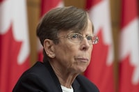 Transportation Safety Board Chair Kathy Fox is seen during a news conference in Ottawa, Thursday March 18, 2021. The Transportation Safety Board will hold a news conference to reveal its findings on the sinking of the tug Ingenika in February 2021. THE CANADIAN PRESS/Adrian Wyld