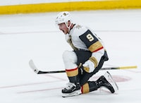 Vegas Golden Knights' Jack Eichel (9) celebrates his goal against the Winnipeg Jets during third period NHL action in Winnipeg on Thursday, October 19, 2023. After helping the Golden Knights capture their first Stanley Cup on June 13, Eichel and his teammates had just over three months to celebrate and recuperate.THE CANADIAN PRESS/John Woods