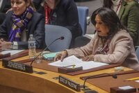 Pramila Patten, right, United Nations Special Representative of the Secretary-General on Sexual Violence in Conflict, addresses a meeting of the United Nations Security Council on the war in Gaza, Monday, March 11, 2024, at U.N. headquarters. (AP Photo/Bebeto Matthews)