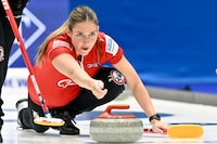 Canada's Briane Harris releases a rockin during the bronze medal match between Canada and Sweden of the LGT World Women's Curling Championship at Goransson Arena in Sandviken, Sweden, Sunday, March 26, 2023. Harris was ineligible to compete in the national women's championship because she tested positive for a banned substance. THE CANADIAN PRESS/AP-Jonas Ekstromer/TT News Agency via AP