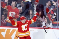 Calgary Flames centre Mikael Backlund celebrates his short-handed game-winning goal against the Florida Panthers during third period NHL hockey action in Calgary, Alta., Monday, Dec. 18, 2023. THE CANADIAN PRESS/Larry MacDougal
