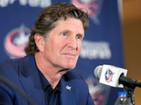 Mike Babcock addresses the media as the Columbus Blue Jackets introduce Babcock as their new head coach during a news conference on Saturday, July 1, 2023 in Columbus, Ohio. Babcock thought he was just trying to get to know his players better, but experts say he may have crossed a line that's sometimes hard to see. THE CANADIAN PRESS/AP-Kyle Robertson/The Columbus Dispatch via AP