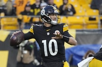 Pittsburgh Steelers quarterback Mitch Trubisky throws against the Arizona Cardinals during the second half of an NFL football game Sunday, Dec. 3, 2023, in Pittsburgh. (AP Photo/Gene J. Puskar)