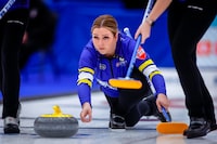 Team Alberta skip Selena Sturmay makes a shot as they play Team Quebec at the Scotties Tournament of Hearts in Calgary, Tuesday, Feb. 20, 2024.  THE CANADIAN PRESS/Jeff McIntosh