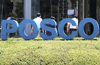 The Posco logo is seen outside of Posco Center in Seoul, South Korea, on July 22, 2021. The South Korean company Posco Holdings is considering investing in the exploration, development and commercialization of lithium in Alberta. THE CANADIAN PRESS/Bae Hun-shik-Newsis via AP
