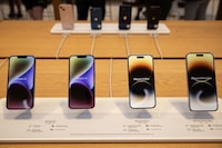 The iPhone 14, iPhone 14 Pro and iPhone 14 Pro Max are displayed at the Apple Fifth Avenue store, Friday, Sept. 16, 2022, in New York.