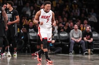 Jan 15, 2024; Brooklyn, New York, USA;  Miami Heat guard Kyle Lowry (7) reacts after scoring in the third quarter against the Brooklyn Nets at Barclays Center. Mandatory Credit: Wendell Cruz-USA TODAY Sports