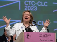 Canadian Labour Congress president Bea Bruske speaks to delegates at the opening of the CLC convention in Montreal, Monday, May 8, 2023.