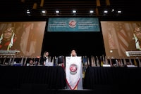 Assembly of First Nations National Chief RoseAnne Archibald speaks during the AFN annual general meeting, in Vancouver, B.C., Tuesday, July 5, 2022. First Nations chiefs have endorsed a revised multi-billion-dollar settlement for children and families harmed by Ottawa's underfunding of on-reserve child and family services. THE CANADIAN PRESS/Darryl Dyck