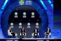 From left; moderator Laurene Powell-Jobs, Founder and Chair, Emerson Collective, Chris Cox, CPO, Meta, James Manyika, SVP of Research, Technology & Society, Google, and Sam Altman, CEO, OpenAI, participate in a discussion entitled "Charting the Path Forward: The Future of Artificial Intelligence" during the Asia-Pacific Economic Cooperation (APEC) CEO Summit Thursday, Nov. 16, 2023, in San Francisco. (AP Photo/Eric Risberg)