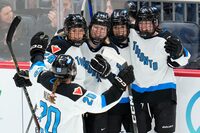 Toronto's Hannah Miller (34) celebrates her goal with Natalie Spooner (24), Allie Munroe (12), Kali Flanagan (6) and Sarah Nurse (20) during the first period of an PWHL hockey game against Montreal in Pittsburgh, Sunday, March 17, 2024. (AP Photo/Gene J. Puskar)