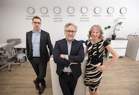 Paul Rand (C), Chief Investment Officer-Canada for Omni Bridgeway, Naomi Loewith (R) Investment Manager, Legal Counsel, and Geoff Moysa (L) Investment Manager, Legal Counsel, are photographed on Mar 13, 2024. (Fred Lum/The Globe and Mail)