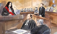 <p>The lawyer for a man convicted of murdering four members of a Muslim family in what the judge deemed to be an act of terrorism says his client is seeking to appeal the convictions. Justice Renee Pomerance, from left to right, Nathaniel Veltman's lawyers Peter Ketcheson and Christopher Hicks and Veltman, standing at rear, are shown in a courtroom sketch during Veltman's sentencing hearing at the courthouse in London, Ont., Thursday, Feb. 22, 2024. THE CANADIAN PRESS/Alexandra Newbould</p>