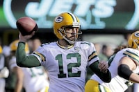 FILE - Green Bay Packers quarterback Aaron Rodgers throws a pass against the New York Jets during the first half of an NFL football game, Sunday, Dec. 23, 2018, in East Rutherford, N.J. Rodgers says his intention is to play for the New York Jets in the coming season as the four-time NFL MVP quarterback waits for the Green Bay Packers to trade him. Rodgers made his comments Wednesday, March 15, 2023,  during an appearance on “The Pat McAfee Show.” (AP Photo/Seth Wenig, File)
