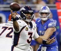FILE - Denver Broncos quarterback Russell Wilson (3) throws during the first half of an NFL football game against the Detroit Lions, Dec. 16, 2023, in Detroit.  Wilson has agreed to sign a one-year deal with the Pittsburgh Steelers, a person familiar with the details told The Associated Press on Sunday night, March 10, 2024. (AP Photo/Duane Burleson, File)