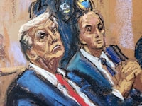 FILE PHOTO: Former U.S. President Donald Trump listens as his lawyer Todd Blanche (not seen) argues with Judge Juan Merchan (not seen) during a court hearing on charges of falsifying business records to cover up a hush money payment to a porn star before the 2016 election, at a court in New York, U.S., February 15, 2024 in this courtroom sketch. REUTERS/Jane Rosenberg/File Photo