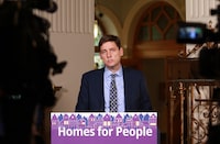 Premier David Eby announces legislation that will return short-term rentals to long-term homes for people during a press conference in the rotunda at the legislature in Victoria, Monday, Oct. 16, 2023. The British Columbia government is making changes to rental laws, stopping bad-faith evictions, protecting families who add a child and helping landlords who have problematic tenants. THE CANADIAN PRESS/Chad Hipolito