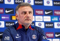 Soccer Football - Ligue 1 - Paris St Germain Press Conference - Ooredoo Training Centre, Saint-Germain-en-Laye, France - May 19, 2023 Paris St Germain coach Christophe Galtier during the press conference REUTERS/Stephanie Lecocq