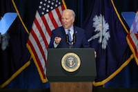 President Joe Biden speaks at the First in the Nation Celebration held by the South Carolina Democratic Party at the State Fairgrounds, Saturday, Jan. 27, 2024, in Columbia, S.C. (AP Photo/Artie Walker Jr.)