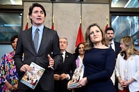 Prime Minister Justin Trudeau, Finance Minister Chrystia Freeland and cabinet ministers pose for a photo before the tabling of the federal budget on Parliament Hill in Ottawa, on Tuesday, April 16, 2024. THE CANADIAN PRESS/Justin Tang