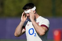 England's Tom Curry gestures during a training session, on the outskirts of Paris, France, Thursday, Oct. 19, 2023. (AP Photo/Themba Hadebe)