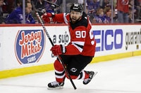 New Jersey Devils left wing Tomas Tatar reacts after scoring a goal against the New York Rangers during the second period of Game 7 of an NHL hockey Stanley Cup first-round playoff series Monday, May 1, 2023, in Newark, N.J. (AP Photo/Adam Hunger)