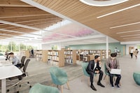 A rendering of the interior of the sixth branch of the Kitchener Public Library, located near Bleams and Fischer-Hallman Roads in the city’s growing Rosenberg community. The Southwest Community Library is expected to open in 2025.