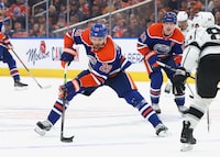EDMONTON, CANADA - APRIL 19: Leon Draisaitl #29 of the Edmonton Oilers flys over the blue line in the first period against the Los Angeles Kings in Game Two of the First Round of the 2023 Stanley Cup Playoffs on April 19, 2023 at Rogers Place in Edmonton, Alberta, Canada. (Photo by Lawrence Scott/Getty Images)