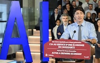 Prime Minister Justin Trudeau speaks during an announcement on innovation for economic growth in advance of the 2024 federal budget in Montreal, Sunday, April 7, 2024. THE CANADIAN PRESS/Graham Hughes