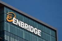Logo of Enbridge Inc. a multinational pipeline company headquartered in Calgary, Alberta. It focuses on the transportation of crude oil and natural gas, primarily in North America. On Monday, 9 August 2021, in Edmonton, Alberta, Canada. (Photo by Artur Widak/NurPhoto)NO USE FRANCE