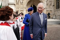 LONDON, ENGLAND - MARCH 13: King Charles III and Camilla, Queen Consort meet with choristers following the annual Commonwealth Day Service at Westminster Abbey on March 13, 2023 in London, England. (Photo by Jordan Pettitt - WPA Pool/ Getty Images)