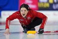 Team Canada skip Kerri Einarson calls out to the sweepers while playing Alberta at the Scotties Tournament of Hearts, in Kamloops, B.C., on Thursday, February 23, 2023. THE CANADIAN PRESS/Darryl Dyck