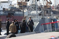 This undated photo released by North Korea's official Korean Central News Agency (KCNA) on February 2, 2024 shows North Korean leader Kim Jong Un (R) inspecting the Nampho Dockyard in North Korea. (Photo by KCNA VIA KNS / AFP) / - South Korea OUT / ---EDITORS NOTE--- RESTRICTED TO EDITORIAL USE - MANDATORY CREDIT "AFP PHOTO/KCNA VIA KNS" - NO MARKETING NO ADVERTISING CAMPAIGNS - DISTRIBUTED AS A SERVICE TO CLIENTS
THIS PICTURE WAS MADE AVAILABLE BY A THIRD PARTY. AFP CAN NOT INDEPENDENTLY VERIFY THE AUTHENTICITY, LOCATION, DATE AND CONTENT OF THIS IMAGE. /  (Photo by STR/KCNA VIA KNS/AFP via Getty Images)