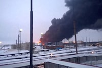 Smoke billows after Ukraine's SBU drone strikes a refinery, amid Russia's attack on Ukraine, in Ryazan, Ryazan Region, Russia, in this screen grab from a video obtained by Reuters, March 13, 2024. Video Obtained By Reuters/via REUTERS