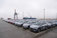 An undated photo provided by Hedin Electric Mobility shows BYD vehicles waiting at the port of Cuxhaven, Germany. BYD is a powerhouse in China and sells the most electric vehicles of any company in the world, and now it has a plan to attract buyers in Europe’s largest economy. (Hedin Electric Mobility via The New York Times) — NO SALES; FOR EDITORIAL USE ONLY WITH NYT STORY SLUGGED CHINA ELECTRIC CARMAKER BY MELISSA EDDY FOR FEB. 21, 2023. ALL OTHER USE PROHIBITED — 