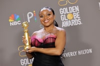 BEVERLY HILLS, CALIFORNIA - JANUARY 10: Quinta Brunson poses with the award for Best Actress in a Television Series – Musical or Comedy award for "Abbott Elementary" in the press room at the 80th Annual Golden Globe Awards at The Beverly Hilton on January 10, 2023 in Beverly Hills, California. (Photo by Amy Sussman/Getty Images)