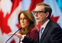 Tiff Macklem, Governor of the Bank of Canada, and Carolyn Rogers, Senior Deputy Governor, hold a press conference at the Bank of Canada in Ottawa on Wednesday, Jan. 24, 2024. THE CANADIAN PRESS/Sean Kilpatrick

