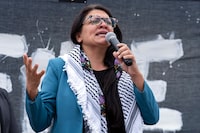 FILE - Rep. Rashida Tlaib, D-Mich., speaks during a rally at the National Mall during a pro-Palestinian demonstration in Washington, Oct. 20, 2023. (AP Photo/Jose Luis Magana)